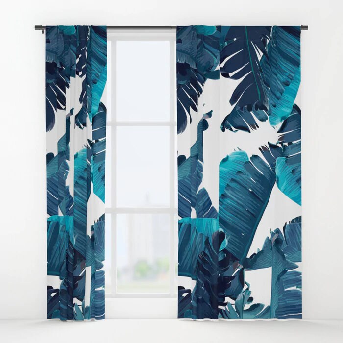 Blue Window Curtains Banana Leaf Curtain Panels Tropical Uk Blue Window Curtains Banana Leaf, Banana Leaf Curtains Uk