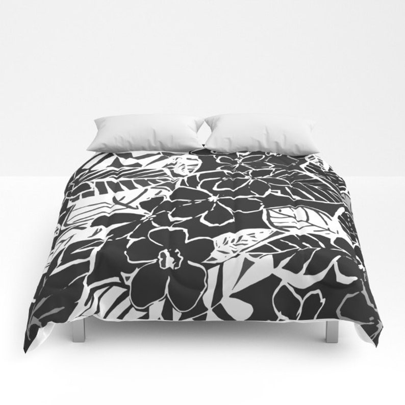 Black White Bedding Floral Duvet Cover Full Queen King Etsy