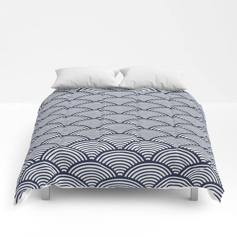Blue Duvet Cover Full Queen King Comforter Modern Bedroom Decor Japanese Wave Pattern Navy Bold Minimalist