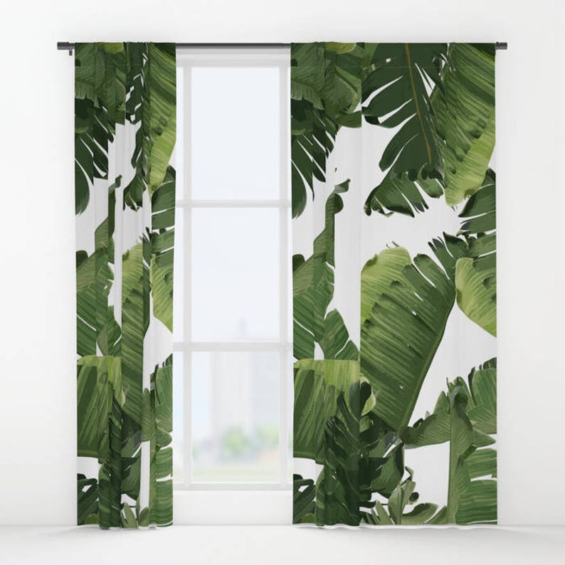Green Window Curtains Banana Leaf Curtain Panels Tropical | Etsy