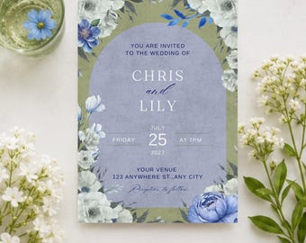 Dusty Blue Floral Wedding Invitation Template | Editable Canva Wedding Invite | Instant Download
