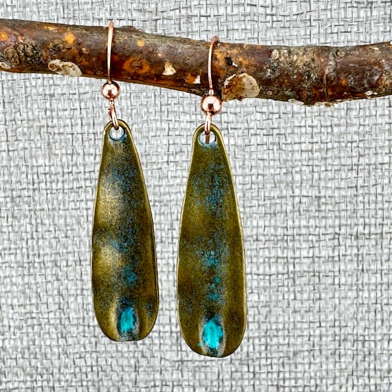 Patina Brass Teardrop Dangle Earrings: Boho Everyday Style 2"