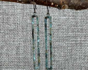 Long Bar Oxidized Brass Earrings: Patina Blue Boho Style 2.25"