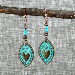 Heart Earrings, Copper Earrings, Copper Beads and Turquoise, Bohemian Earrings, Dangle Earrings, Turquoise Earrings, Gift for Her,