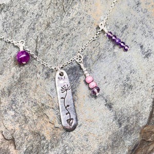 Sterling Silver Amethyst Necklace: Flower Charm, Czech Beads, 16&quot; Dainty Necklace