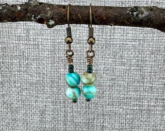 Handgemachte Messing Ohrringe: Türkis Impression Jaspis, Boho Schmuck