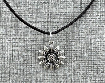 Charm Necklace: Sunflower Pendant on Black Leather Cord - Boho Style