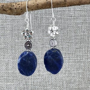 Matte Lapis Flower Earrings: Handmade Silver Boho Style