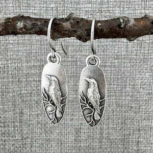 Antique Crow Silver Drop Earrings: Rustic Nature Jewelry