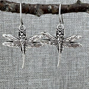 May include: Silver dragonfly earrings with detailed wings and a dangling body.