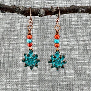 Handcrafted Copper Flower Earrings: Patina Blue Bohemian Beaded Drop