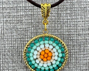 Turquoise Ombre Beaded Pendant Necklace: Bohemian Leather Jewelry