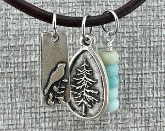 Handcrafted Leather Charm Necklace: Bird and Forest - 16"