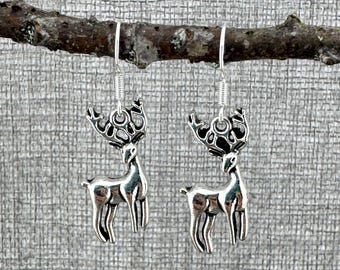 Silver Deer Dangle Earrings: Bohemian Nature Jewelry