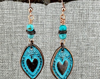 Copper Heart Dangle Earrings - Bohemian Turquoise Jewelry