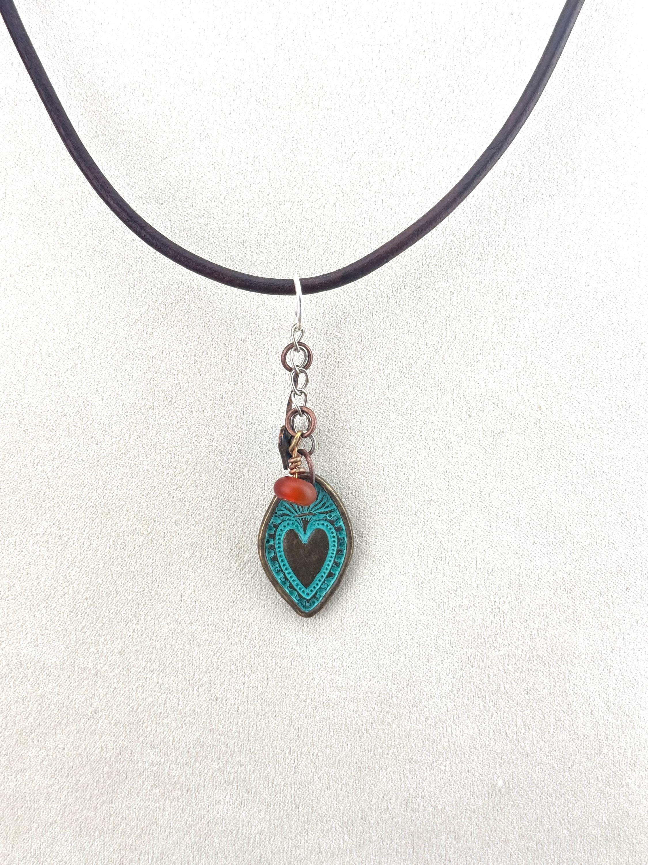 Handmade Heart Pendant Necklace: Mixed Metals, Leather Boho Style