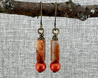 Red Jasper Brass Dangle Earrings: Natural Stone Statement Jewelry