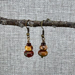 Handcrafted Brass Dangle Earrings: Red Creek Jasper, Colorful Nature Jewelry