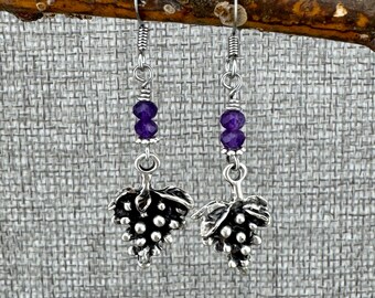 Dainty Antique Silver Grape Earrings: with Amethyst Beads Minimalist Statement Jewelry 1.50"