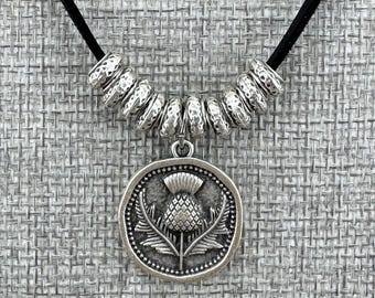 Collana Girocollo Donna Con Ciondolo Girasole - Corda In Pelle Nera E Argento Tibetano