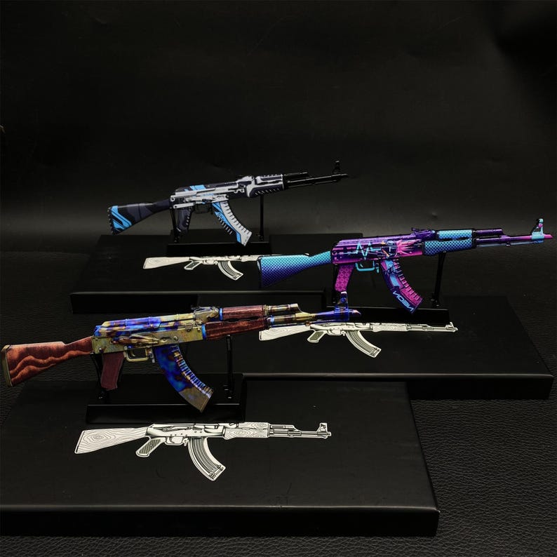 CSGO Game AK47 Neon Rider AK47 Case Geharde Vulcan Skin Model 1/6 Schaalmodel Mini Metal Replica Collection Art Gamer Gift 3-in-1-pack afbeelding 6