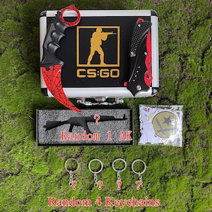 Coffret CSGO Crimson Web couteau pliant Karambit et 4 porte-clés en métal Csgo aléatoires et cadeau Miniature CS Gamer AK47 à l'échelle 1/6