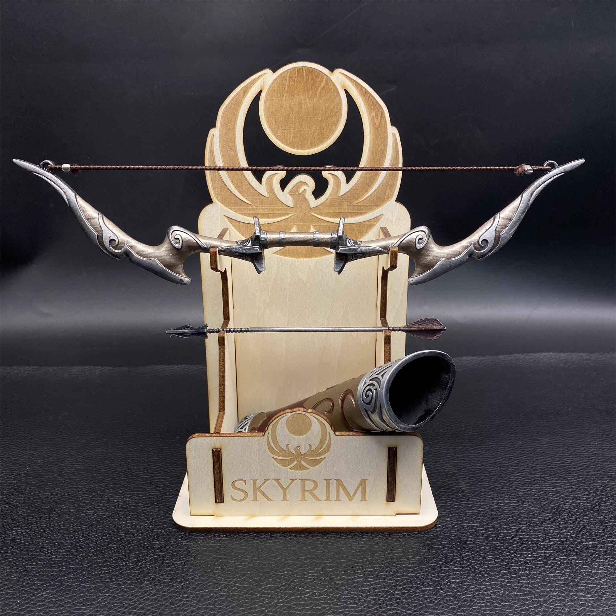 Skyrim ナイチンゲールの弓のミニチュア：木製スタンド付き金属工芸の 