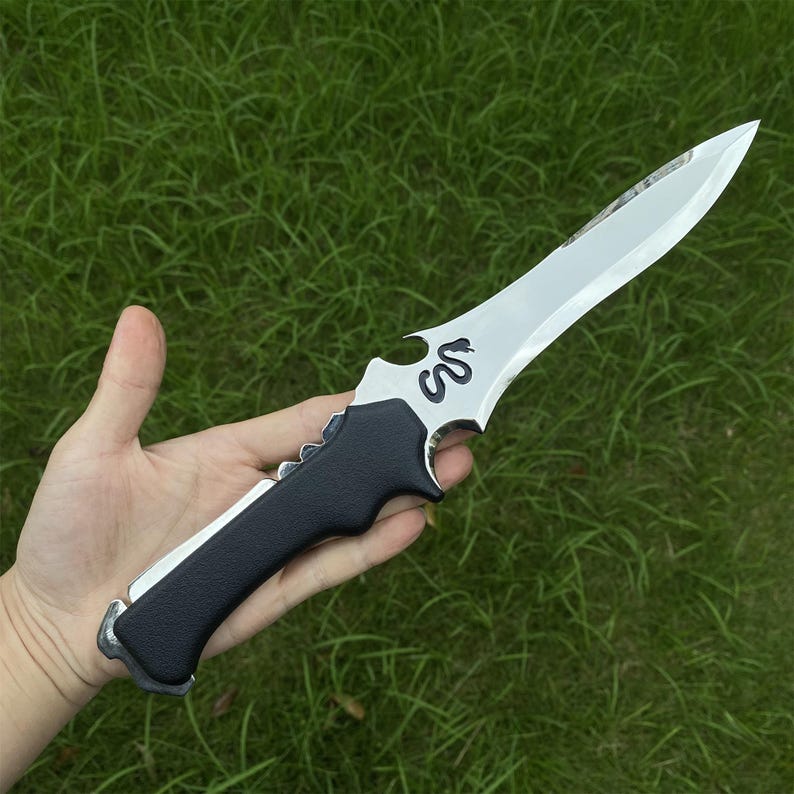 May include: A silver and black dagger with a curved blade. The blade has a decorative snake design near the handle. The handle is black and textured for grip. The dagger is held against a background of green grass.