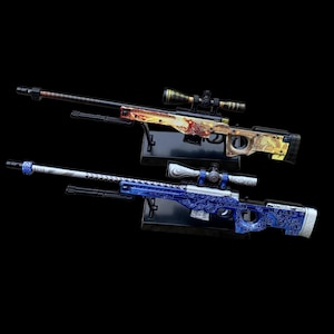 May include: Two detailed sniper rifles with scopes. One rifle is black and gold with intricate designs, the other is blue and silver with ornate patterns. Both are displayed on black stands against a dark background.