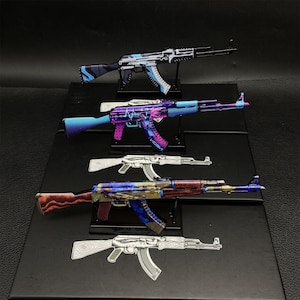 CSGO Game AK47 Neon Rider AK47 Case Geharde Vulcan Skin Model 1/6 Schaalmodel Mini Metal Replica Collection Art Gamer Gift 3-in-1-pack 3 AK&3 Metal Stands