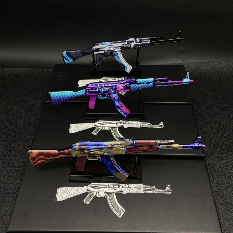 CSGO Game AK47 Neon Rider AK47 Case Geharde Vulcan Skin Model 1/6 Schaalmodel Mini Metal Replica Collection Art Gamer Gift 3-in-1-pack 3 AK&3 Metal Stands