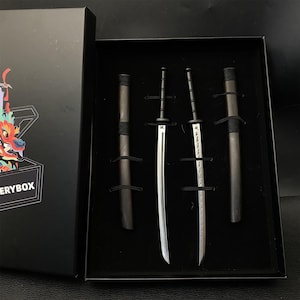 Samurai Katana Hand-Forged Ninja Sword Mini Japanese Sword Samurai Knife Black Stainless Steel Katana 2 In 1 Pack Birthday Gift For Display