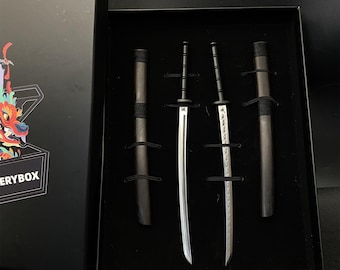 Samurai Katana Hand-Forged Ninja Sword Mini Japanese Sword Samurai Knife Black Stainless Steel Katana 2 In 1 Pack Birthday Gift For Display