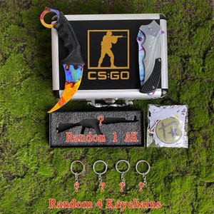 Coffret cadeau CSGO durci, accessoire de couteau pliant Karambit 1/6 AK47 peau miniature et aléatoire 4 porte-clés et autocollants Csgo cadeau pour lui