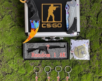CSGO Gift Box Case Hardened Karambit Folding Knife Prop 1/6 AK47 Skin Miniature & Random 4 Csgo Keychains And Stickers Gift For Him