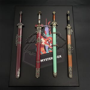 May include: Four decorative swords with detailed handles and sheaths in red, green, and brown. The swords are presented on a black surface, with a box featuring a dragon design and the text "MYSTERY BOX".