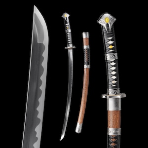 May include: A katana sword with a curved blade and a wooden handle. The handle is wrapped in black material with white diamond-shaped accents. The sword has a silver guard and a decorative head with a yellow gem. The scabbard is brown with silver accents.