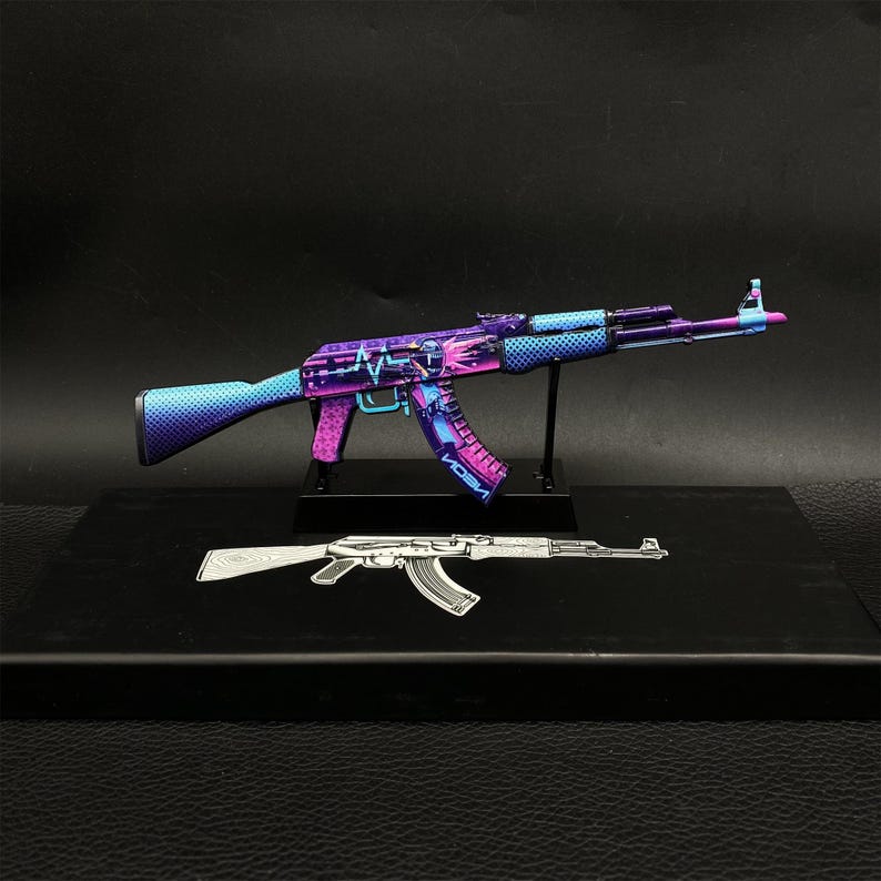 CSGO Game AK47 Neon Rider AK47 Case Geharde Vulcan Skin Model 1/6 Schaalmodel Mini Metal Replica Collection Art Gamer Gift 3-in-1-pack Neon & Metal Stand
