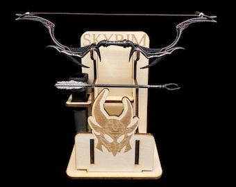Skyrim Daedric Bow Miniature: Handmade 1/6 Scale Metal Replica with Display Rack