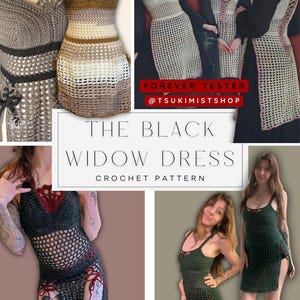 Peut inclure: Une collection de robes au crochet présentant divers coloris dont marron, crème, noir et vert foncé. Les robes ont des motifs en maille ajourée, des détails de laçage sur les côtés et de fines bretelles. Le texte indique THE BLACK WIDOW DRESS.