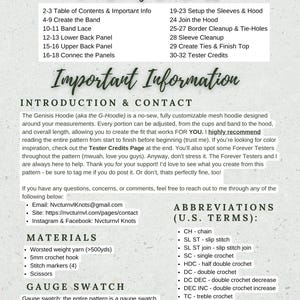 May include: A document page titled Table of Contents and Important Information for the Genisis Hoodie crochet pattern. It lists sections from 2 to 32, contact details for Nvturnvl Knots, required materials like worsted yarn and a 5mm hook, and U.S. abbreviations.