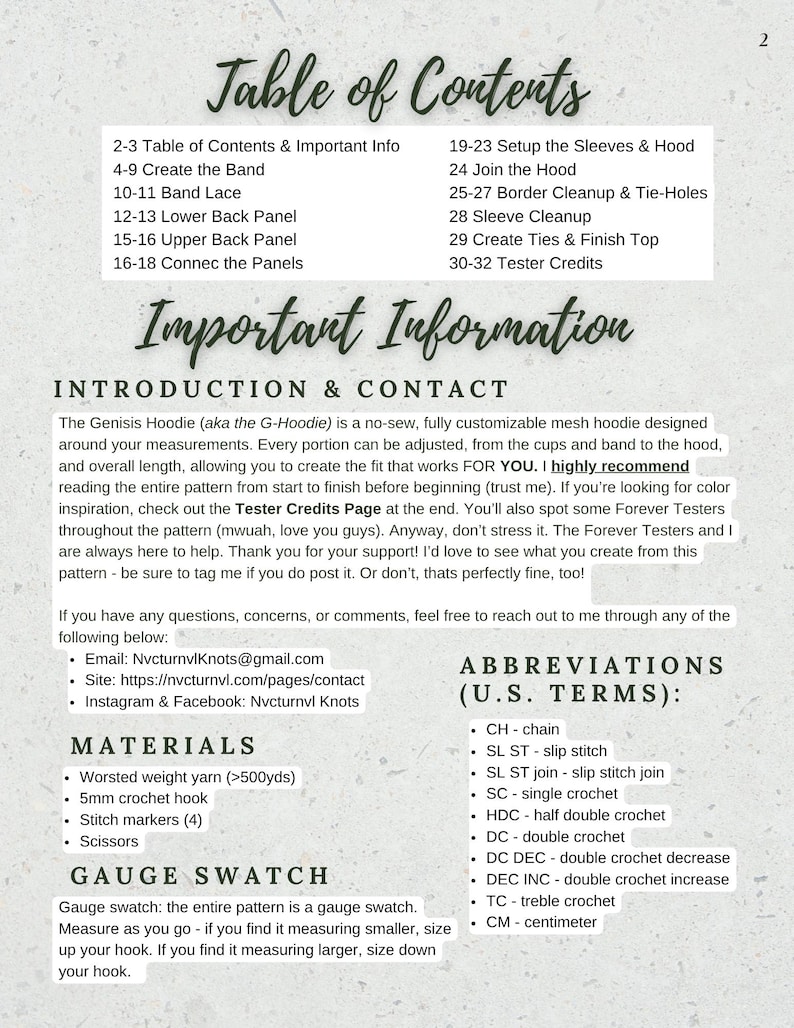 May include: A document page titled Table of Contents and Important Information for the Genisis Hoodie crochet pattern. It lists sections from 2 to 32, contact details for Nvturnvl Knots, required materials like worsted yarn and a 5mm hook, and U.S. abbreviations.