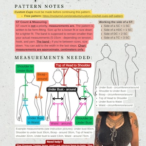 May include: A page of crochet pattern instructions titled Important Information. It includes text, diagrams of human silhouettes with measurement lines, and a photo of a black crocheted top. The text details pattern notes, measurements, and contact info.
