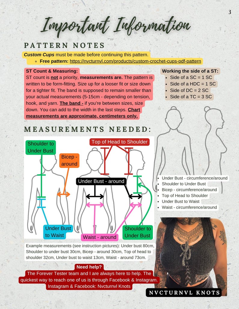 May include: A page of crochet pattern instructions titled Important Information. It includes text, diagrams of human silhouettes with measurement lines, and a photo of a black crocheted top. The text details pattern notes, measurements, and contact info.