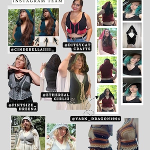 May include: A collage of photographs showcasing various crochet hooded tops and vests in different colors and styles, including black, red, green, and multi-colored striped designs, with text labels identifying the Instagram tester team members.
