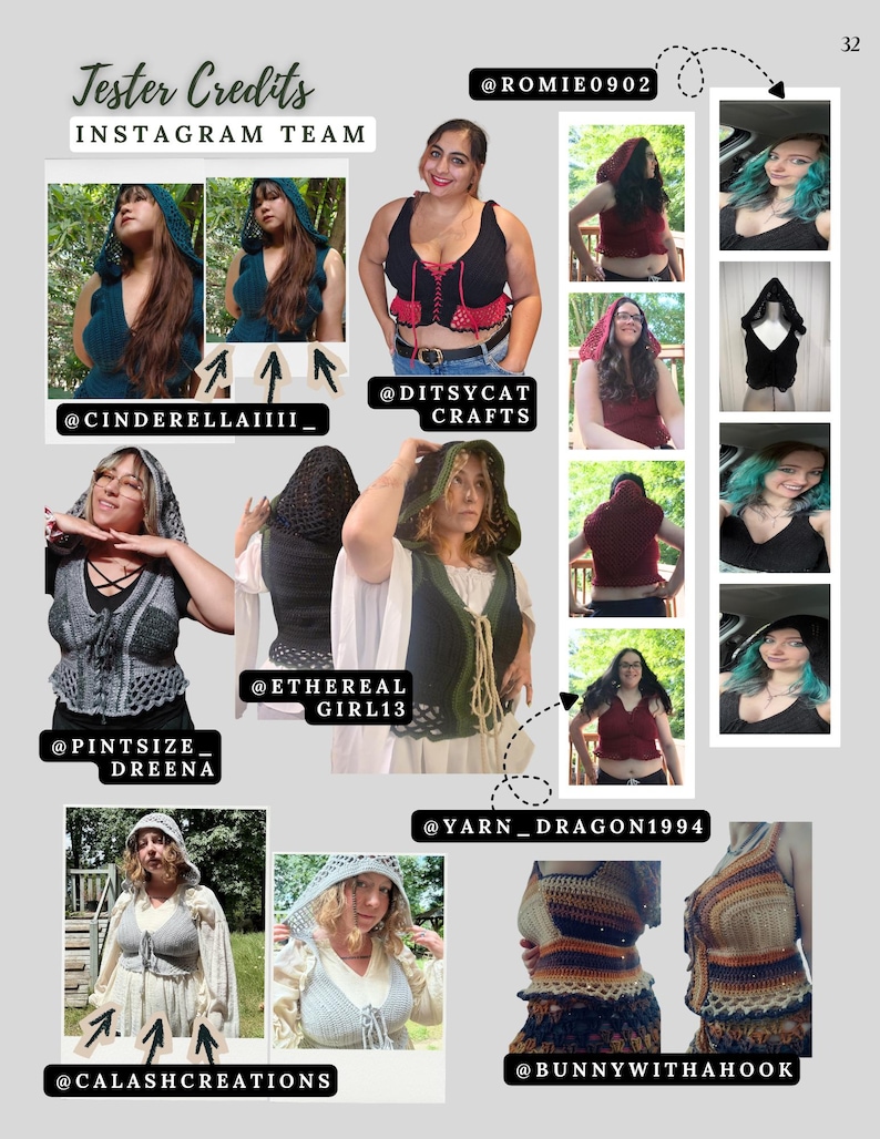 May include: A collage of photographs showcasing various crochet hooded tops and vests in different colors and styles, including black, red, green, and multi-colored striped designs, with text labels identifying the Instagram tester team members.