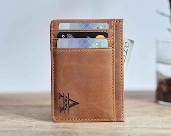 Porta carte in pelle con finestra per documento d'identità, portafoglio piccolo da uomo personalizzabile con nome, da tasca anteriore.
