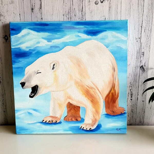 Decor Bear Art, Woodland Animals, Drawing Polar Bear, Polar Bear Nursery Decor, Polar Bear hand Painting, Winter Wildlife  Art
