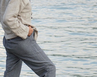 Pantalon gris en chanvre | Vêtements 100 % chanvre | Chanvre gris prélavé | Bas de pantalon à cordon de serrage en chanvre | Toile de chanvre Homme Naturel Vêtements
