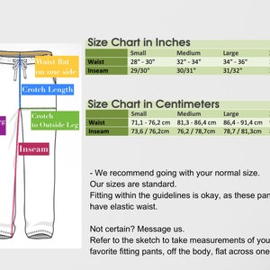 May include: Size chart for trousers in inches and centimetres. The chart shows measurements for waist, inseam, and outside leg length. The chart also includes a diagram of a pair of trousers with labels for waist, inseam, crotch length, and outside leg length.